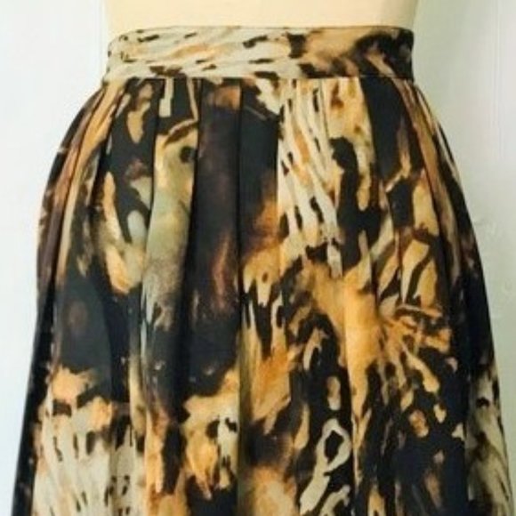 CHELSEA & THEODORE BROWN GRAY MUSTARD ABSTRACT WATERCOLOR FULL SKIRT 12 - Picture 5 of 8